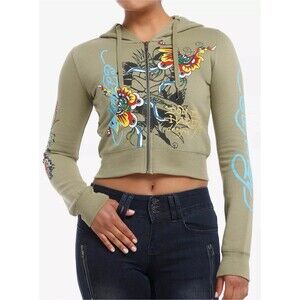 Ed Hardy Crop Hoodie Size S Green Full Zip Y2K Tattoo Floral Skull Butterflies